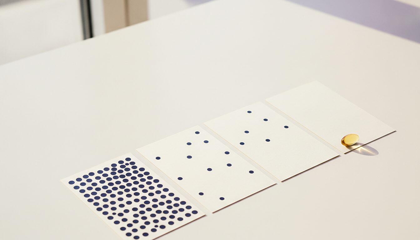 Four monthly planner cards in a row with navy dot stickers thinning from many to none, low-dose isotretinoin capsule beside the last card