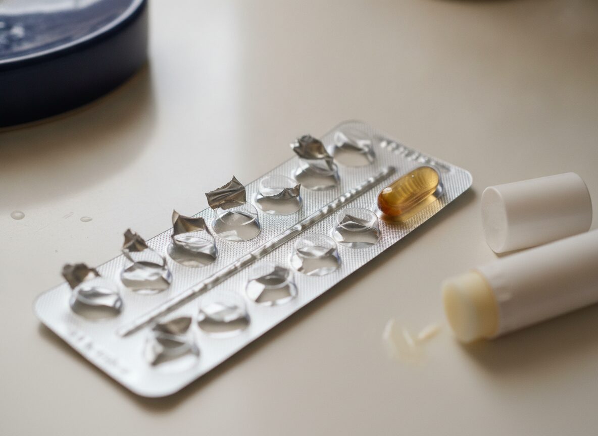Macro of a silver isotretinoin blister pack with empty popped cells, one amber capsule left, and a well-used lip balm with the cap off