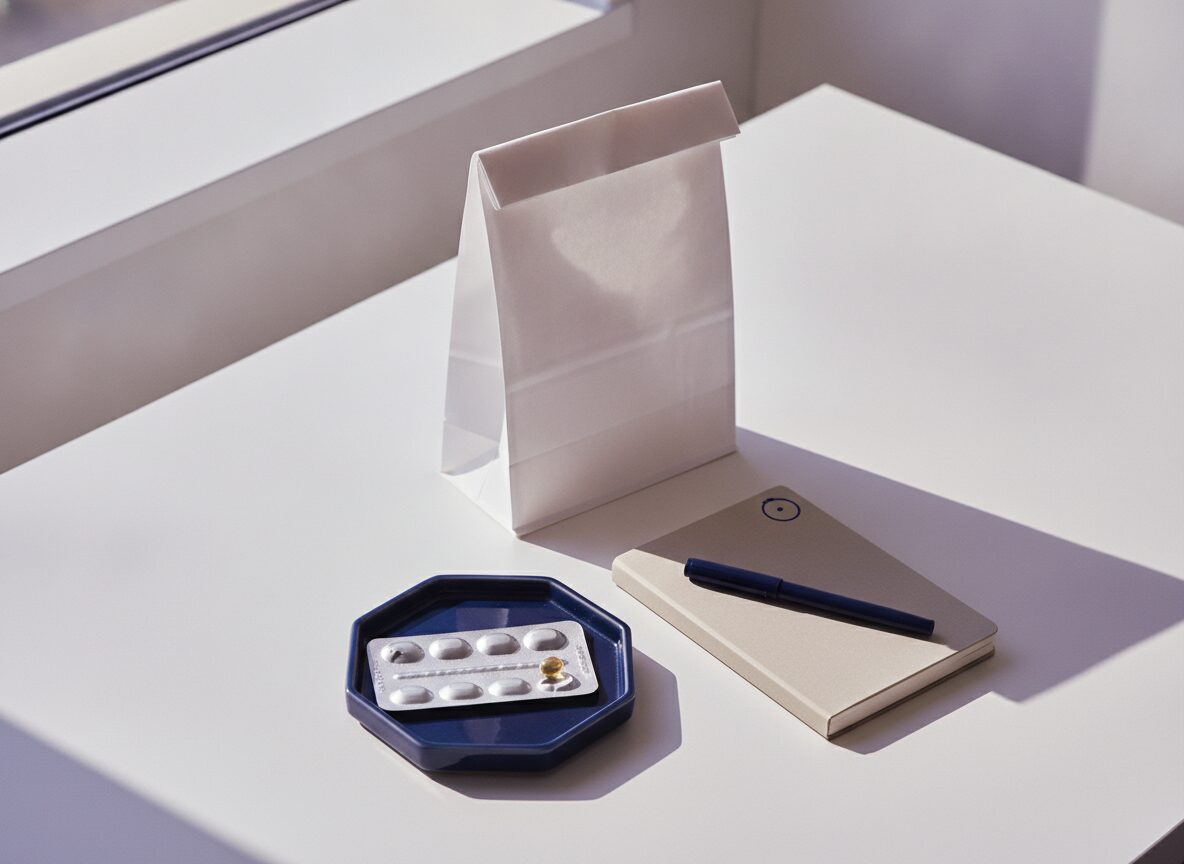 Plain white pharmacy paper bag, foil blister pack on a navy tray, planner with one circled date and a pen — the monthly iPledge pickup ritual