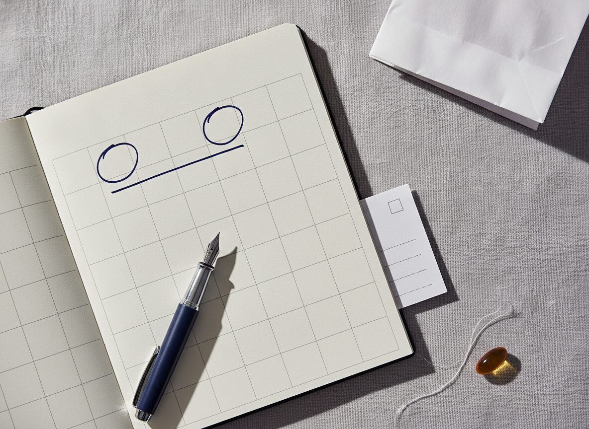 Paper planner page with two navy circled dates seven squares apart, a pen, a blank lab slip, and a folded pharmacy bag: the two iPledge clocks on a low-dose course