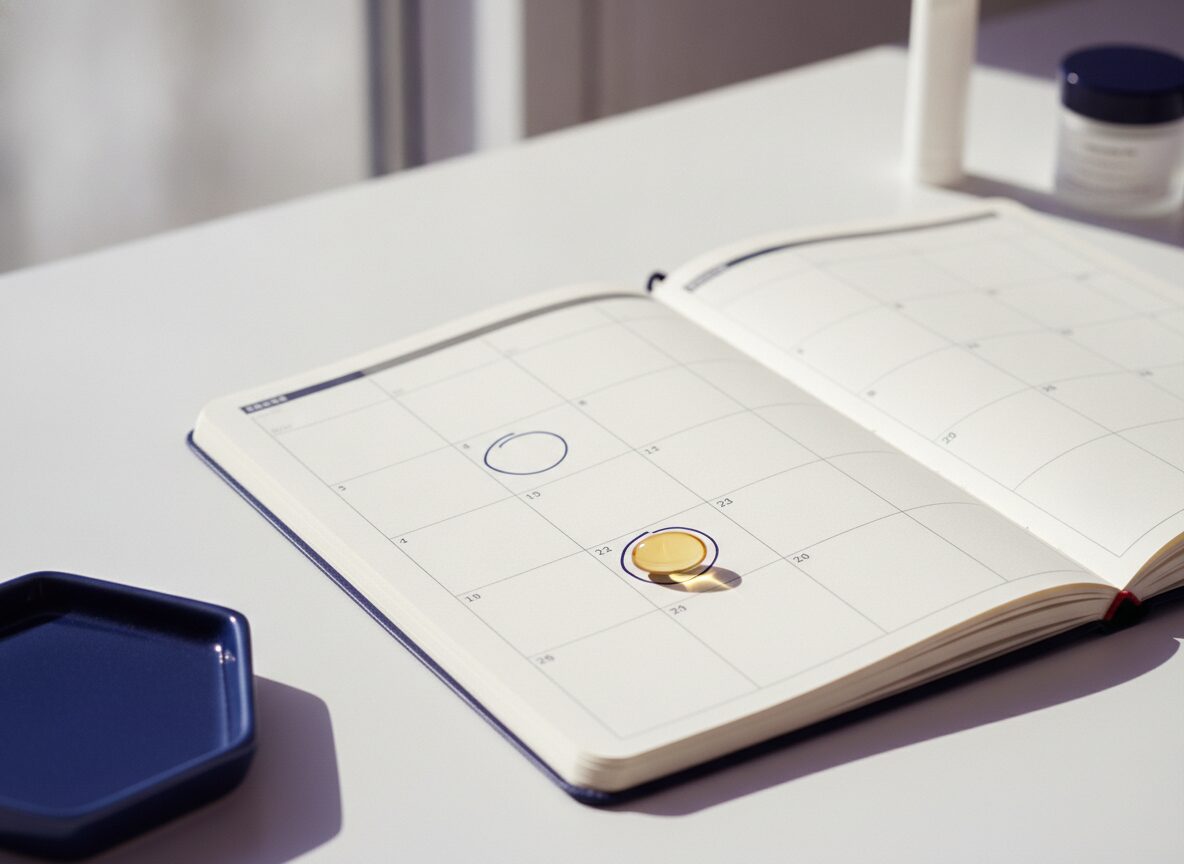 Open paper planner with hand-drawn navy circles on dates, amber isotretinoin capsule, lip balm and small moisturizer jar on a white desk