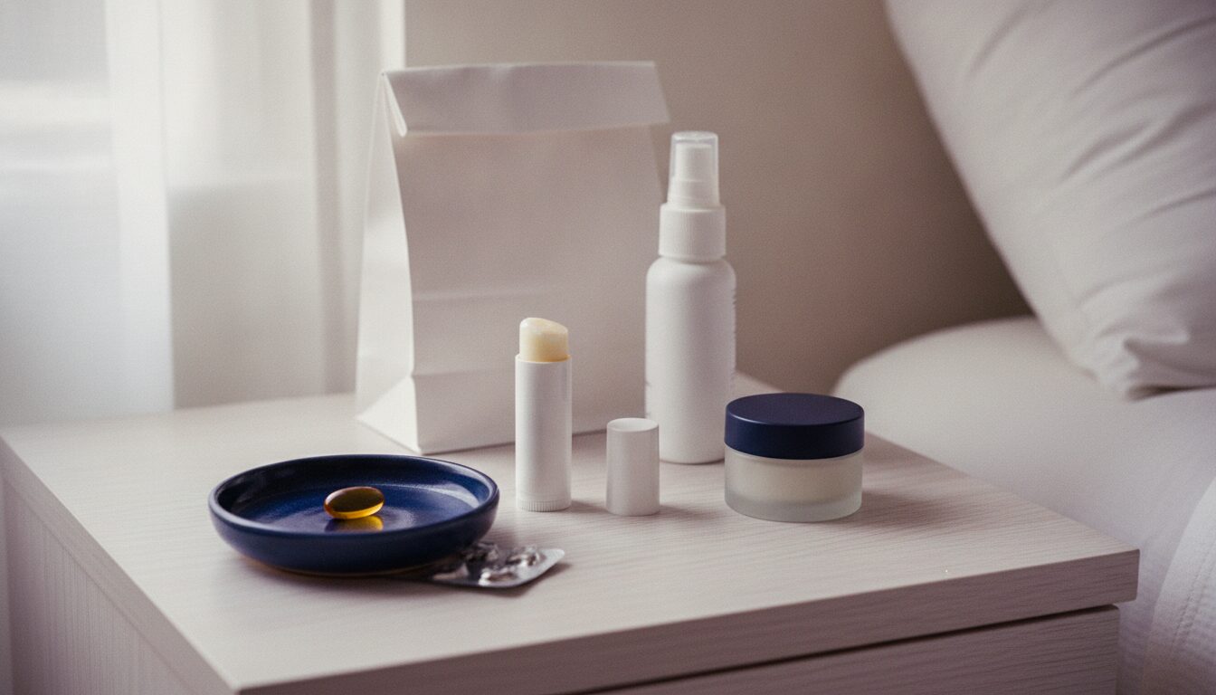 Low dose Accutane side effects: nightstand with lip balm, moisturizer jar, saline spray, and one amber isotretinoin capsule on a navy tray