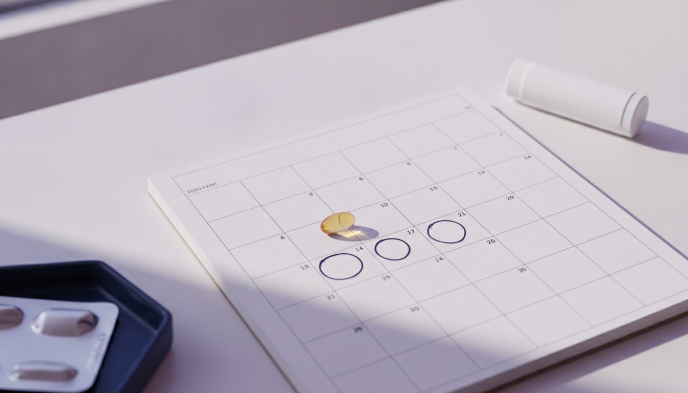 Single low-dose isotretinoin capsule on a monthly planner with circled dates, next to lip balm