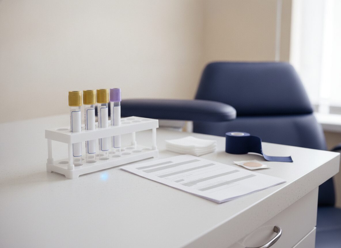 Accutane blood tests: empty gold-top and lavender-top blood collection tubes in a rack beside a folded lab order sheet on a lab draw station counter