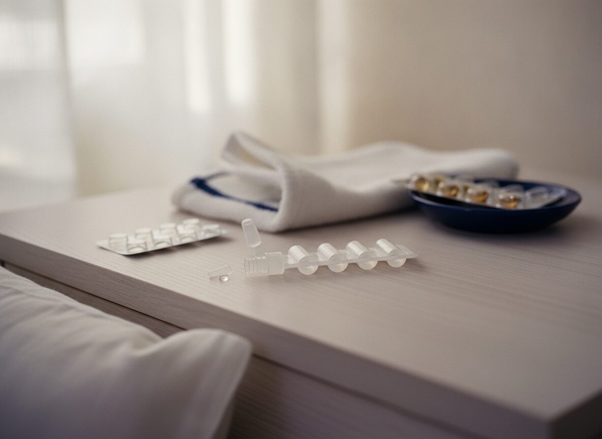 Accutane dry eyes: a strip of single-use preservative-free lubricating eye drop vials on a nightstand in morning light