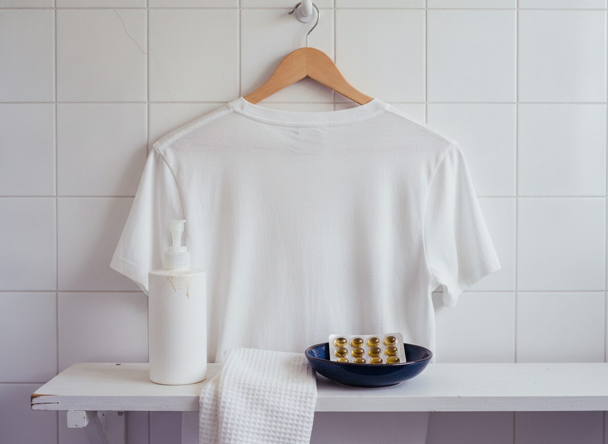 Accutane for back, chest and arm acne: a plain white cotton t-shirt on a wooden hanger against white bathroom tile, with a sealed isotretinoin blister strip in a navy dish on the shelf below