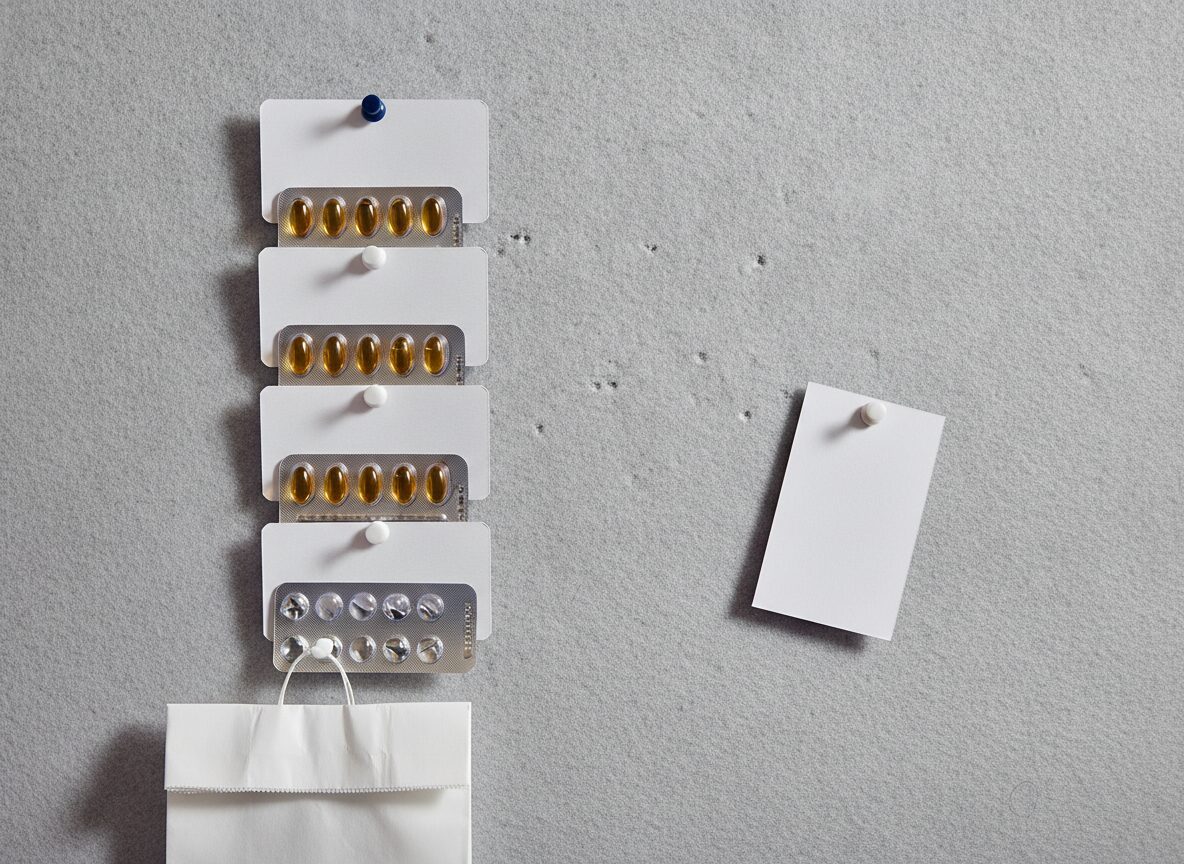 The monthly iPledge rhythm of a longer low-dose course: five blank appointment cards pinned in a vertical column on a cork board, each with a silver blister strip tucked behind it