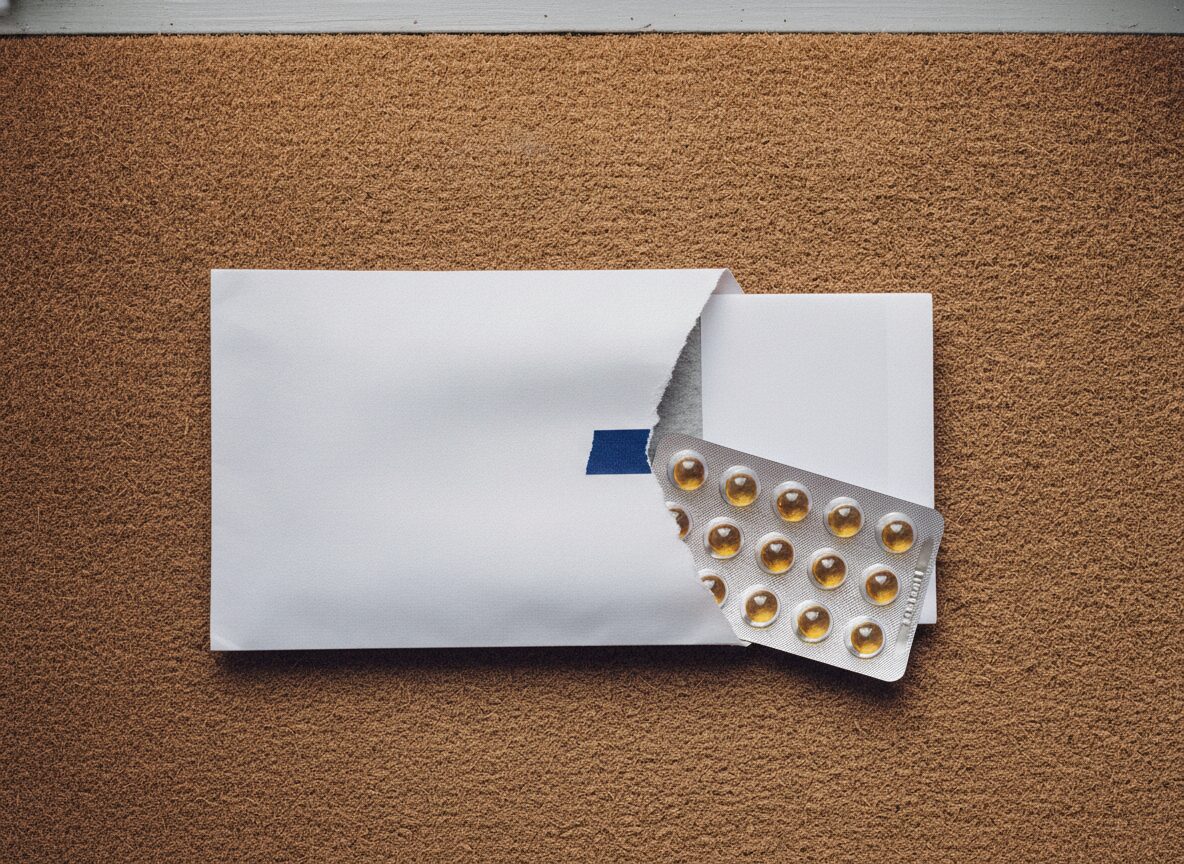 Accutane online still requires iPledge: a sealed amber isotretinoin blister card sliding out of an opened white pharmacy mailer at the front door