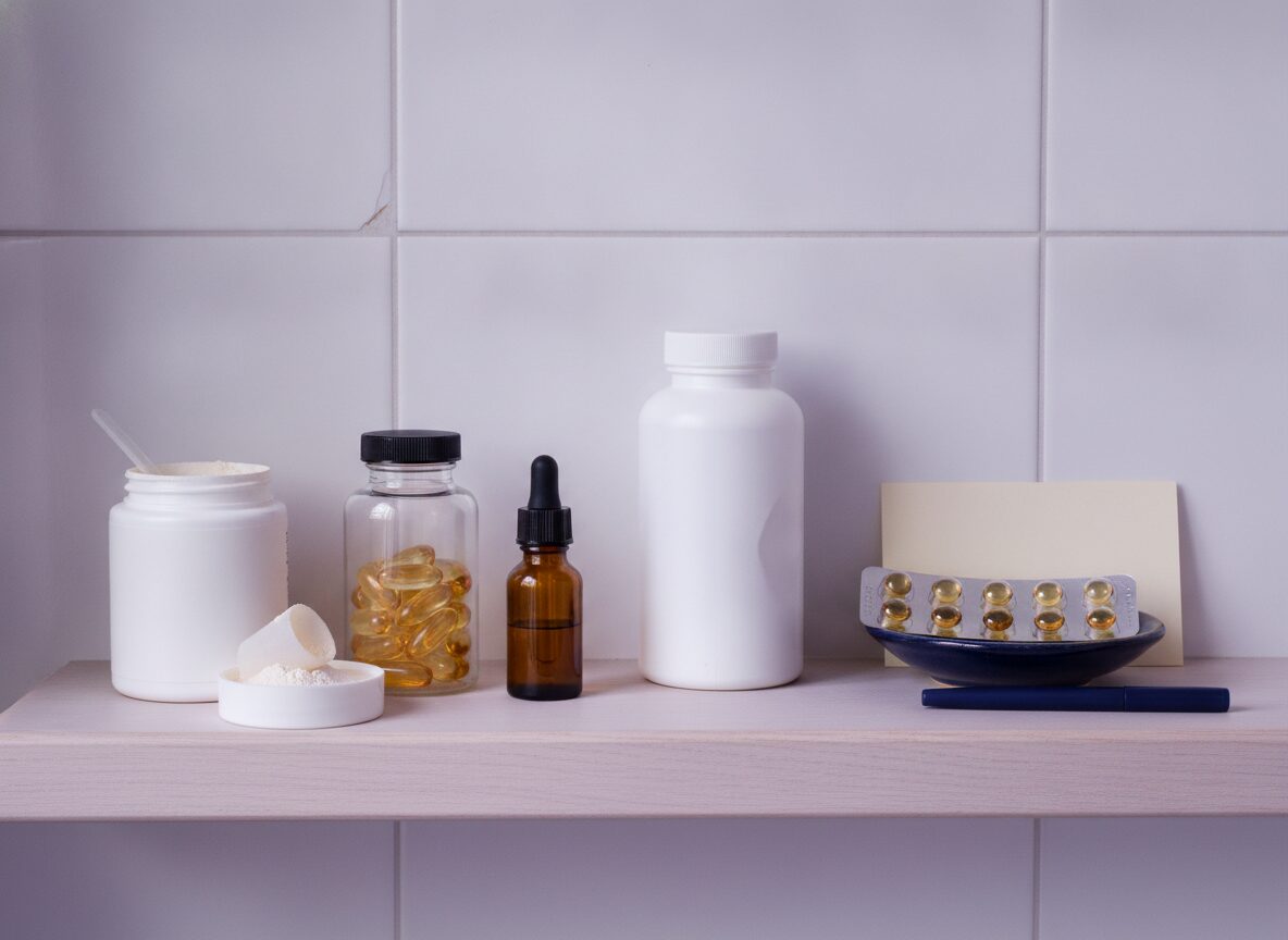 Supplements to bring to your dermatologist on Accutane: unlabelled jars of collagen powder, omega-3 softgels, a B12 dropper bottle and a multivitamin set apart from an isotretinoin blister strip on a navy dish