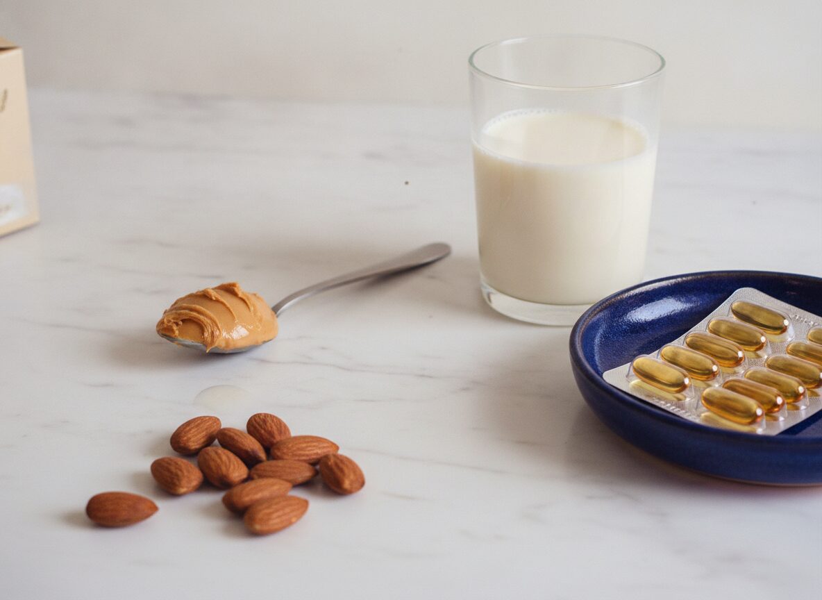Is a handful of almonds enough food with Accutane: a small pile of almonds, a teaspoon of peanut butter and a glass of whole milk beside a sealed isotretinoin blister strip on a navy dish