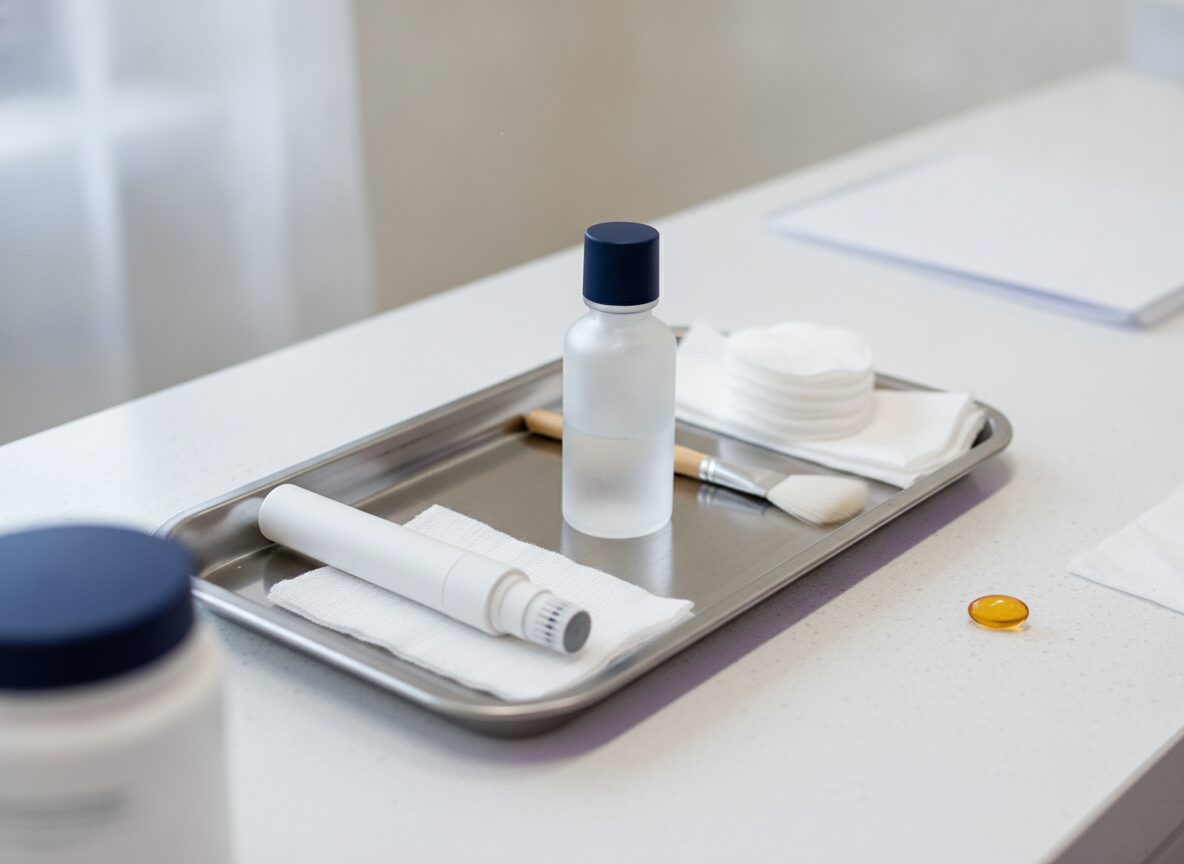 Acne scar treatments after Accutane: a dermatologist's steel tray with a plain microneedling pen, a frosted glass chemical peel bottle with fan brush, cotton rounds and gauze on a clinic counter
