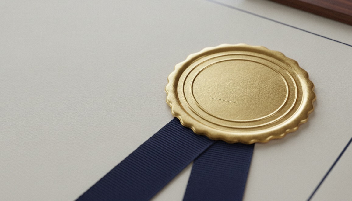 Board-certified dermatologist online for acne: the embossed gold seal on a framed dermatology board certificate, in macro on a navy mat