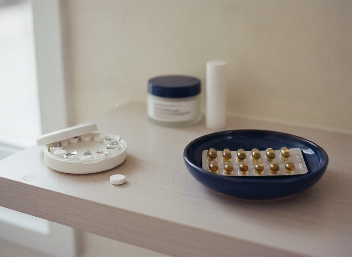 Two prescription routes for hormonal acne side by side: a round unlabelled tablet dial pack on the left and a sealed amber isotretinoin softgel blister strip on the right