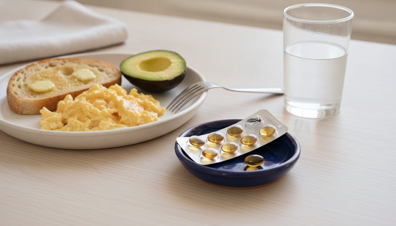 How to take Accutane: one amber isotretinoin capsule on a navy dish beside a breakfast plate of eggs, avocado and buttered toast, with a full glass of water