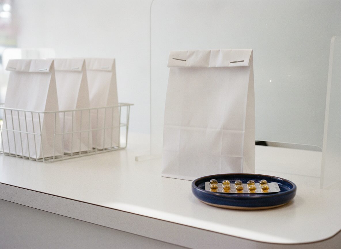 The iPledge seven-day pickup window: a plain white pharmacy will-call bag stapled shut on a counter beside a navy tray holding a sealed amber isotretinoin blister strip