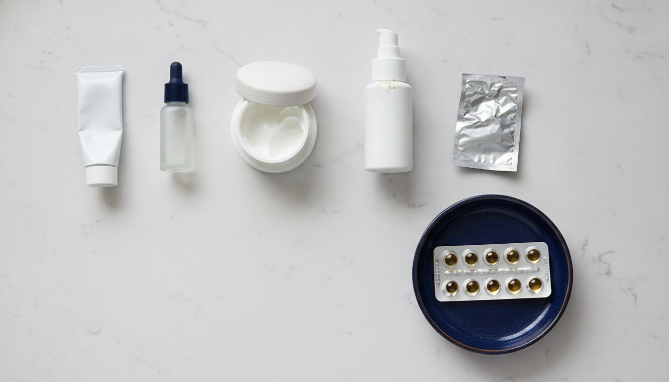 Accutane for mild or hormonal acne: a bathroom counter of plain unlabelled topical acne products in an arc, with one sealed isotretinoin blister strip on a navy dish at the end