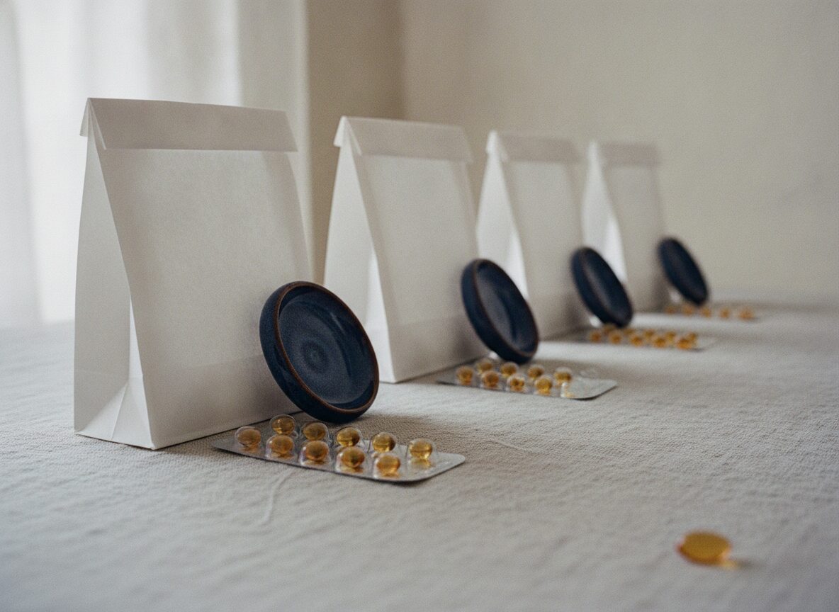 A long row of monthly isotretinoin fills for a low-dose course: seven plain pharmacy bags in a line, each with a blister strip, stretching into the distance