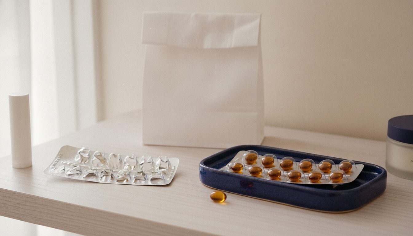 Second course of Accutane: a finished, fully popped isotretinoin blister strip beside a new sealed strip of amber capsules on a navy tray