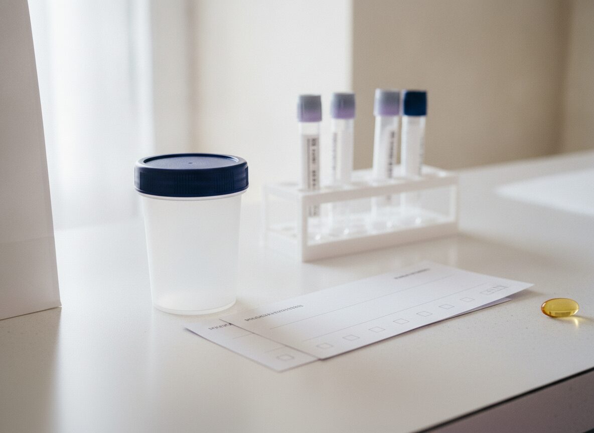 Lab draw-site counter for a second course of Accutane: a plain specimen cup with a navy lid, a blank requisition slip, and an empty blood-draw tube tray