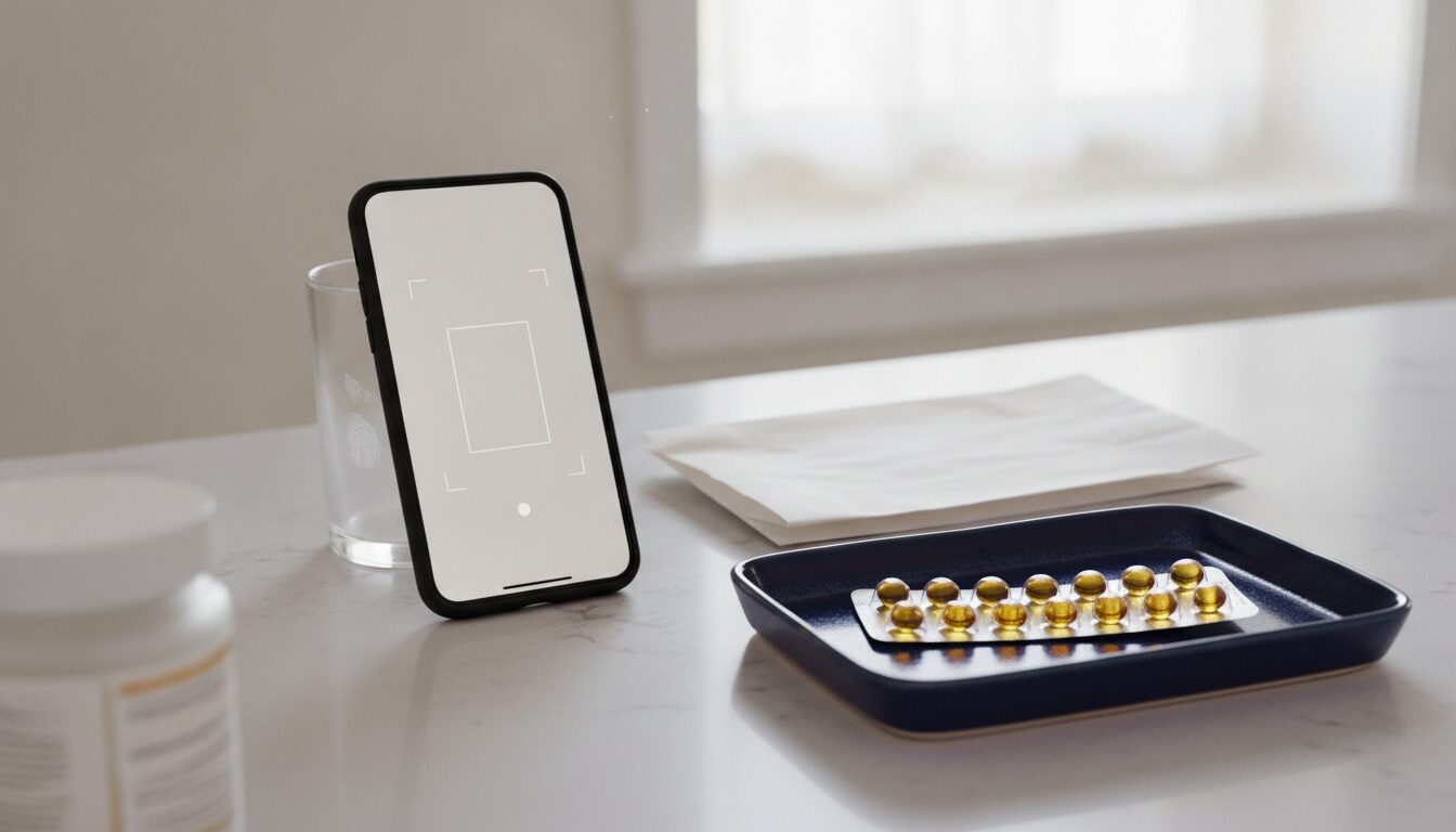 Online Accutane vs in-person dermatologist: a phone propped on a kitchen counter showing a blank photo-capture frame beside a sealed isotretinoin blister strip on a navy tray