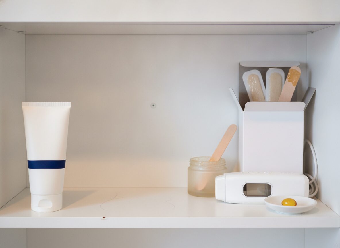 The six-month rule after Accutane: a home waxing kit and a plain hair-removal device pushed to the back of a bathroom cabinet shelf, with a sunscreen tube alone at the front