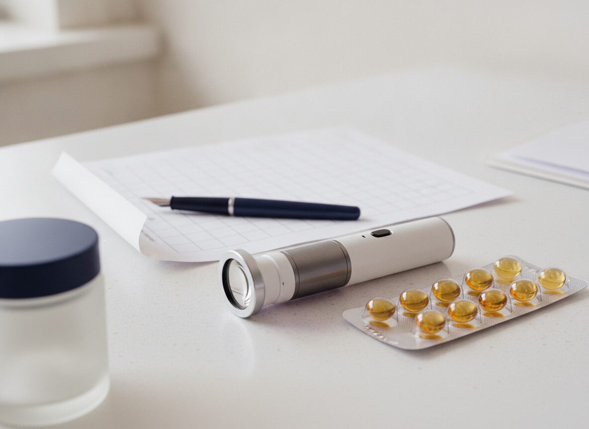 What kind of acne qualifies for Accutane: a handheld dermatoscope skin magnifier resting on a clinic counter beside a sealed amber isotretinoin blister strip and a blank grading sheet
