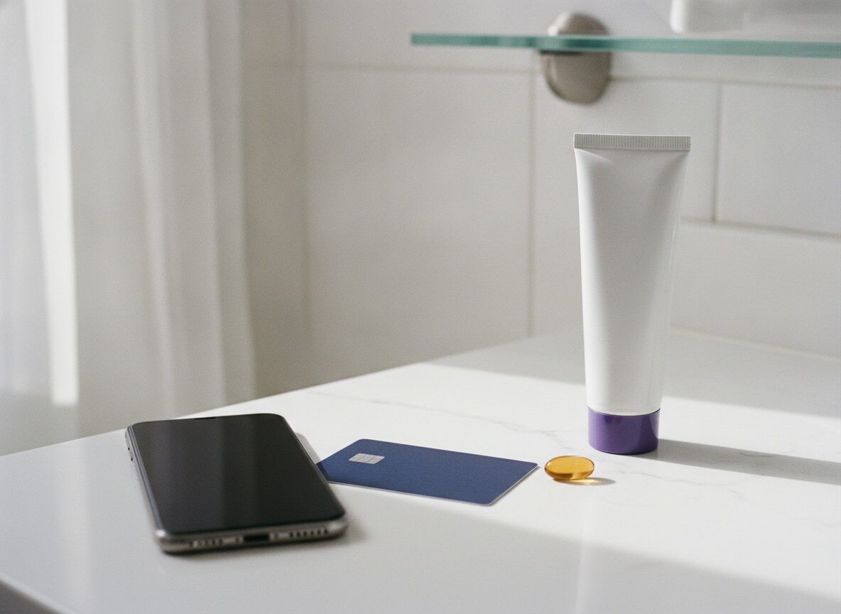 What to check before you pay for online acne care: a phone with a dark screen, a plain navy payment card, and a prescription acne topical tube on a bathroom vanity