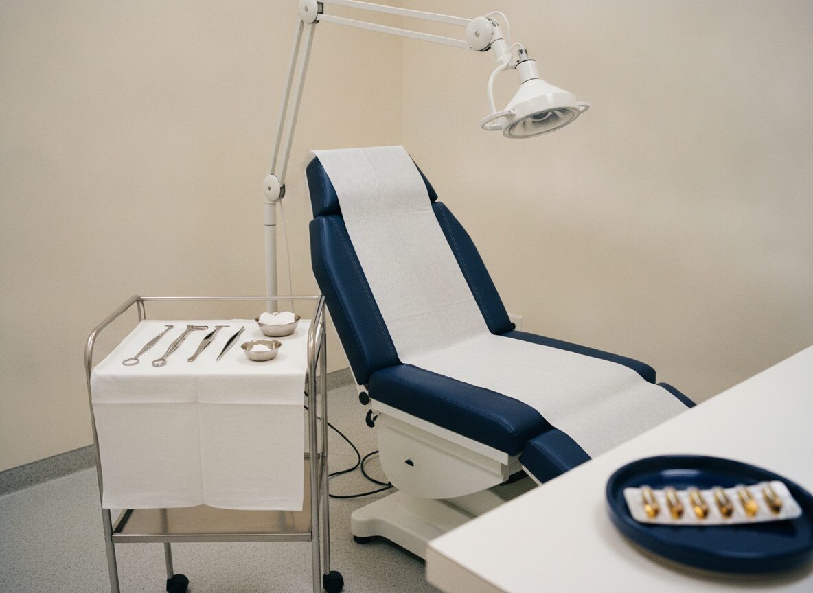 When in-person dermatology is better: a stainless procedure tray of sterile instruments beside a navy exam chair under an angled exam lamp