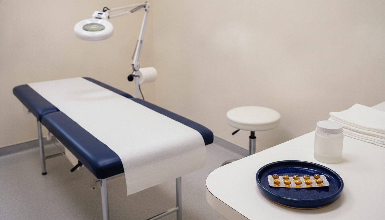 Who qualifies for Accutane: an empty dermatology exam room with the magnifying exam lamp angled at the paper-covered table and one sealed isotretinoin blister strip on a navy tray