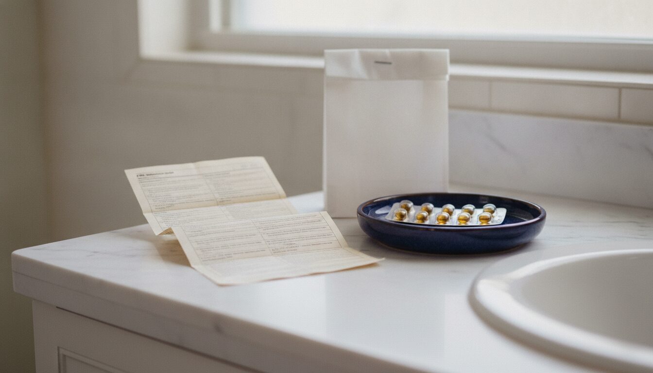 Worst side effects of Accutane: the folded FDA Medication Guide leaflet that comes with every isotretinoin fill, opened beside a sealed amber blister strip on a navy tray