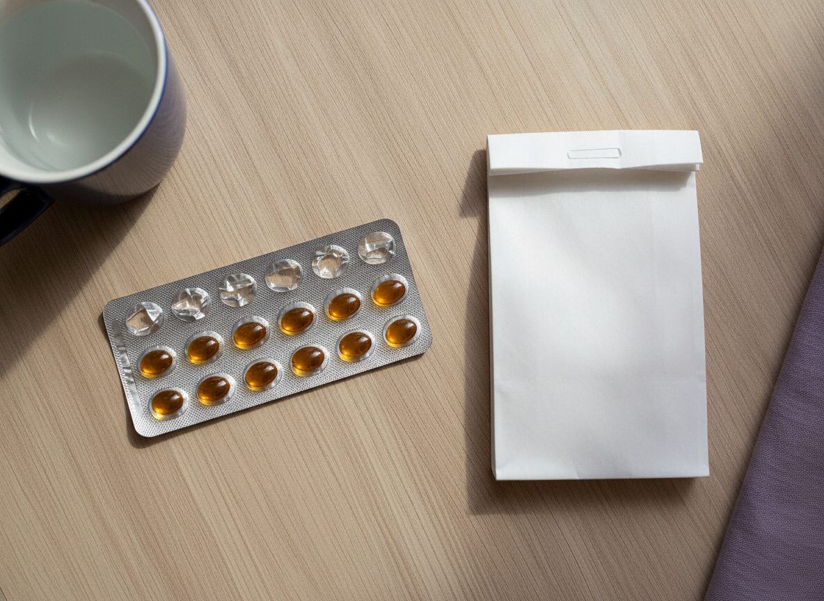 A partly used foil blister card of capsules beside a folded pharmacy bag on a wooden table