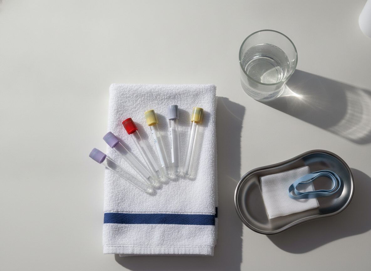 Overhead view of six blood collection tubes with lavender, red, yellow and grey stoppers fanned across a folded white towel, beside a glass of water and a steel tray holding gauze and a light blue elastic band.
