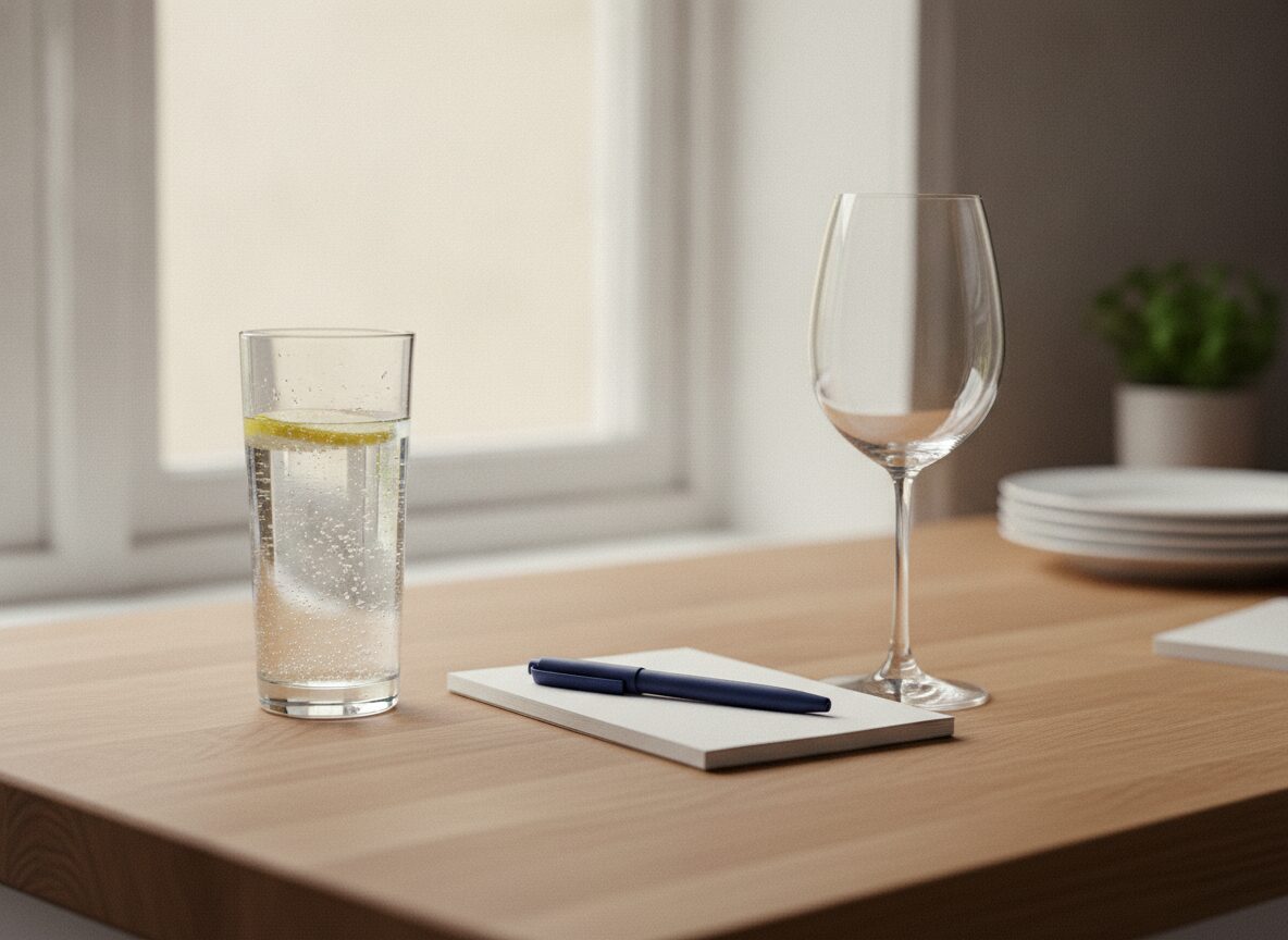 A tall glass of sparkling water with a lemon slice stands on an oak counter beside an empty stemmed wine glass, with a closed notepad and a navy pen between them.