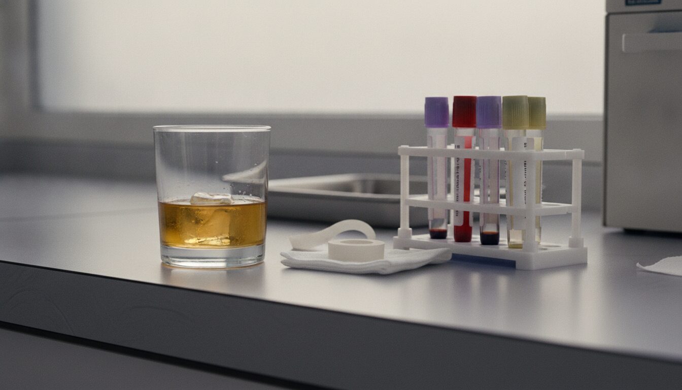 A short glass tumbler of amber liquid with an ice cube stands on a laboratory bench beside a small white rack of blood collection tubes with colored stoppers, a folded gauze square and a roll of medical tape.