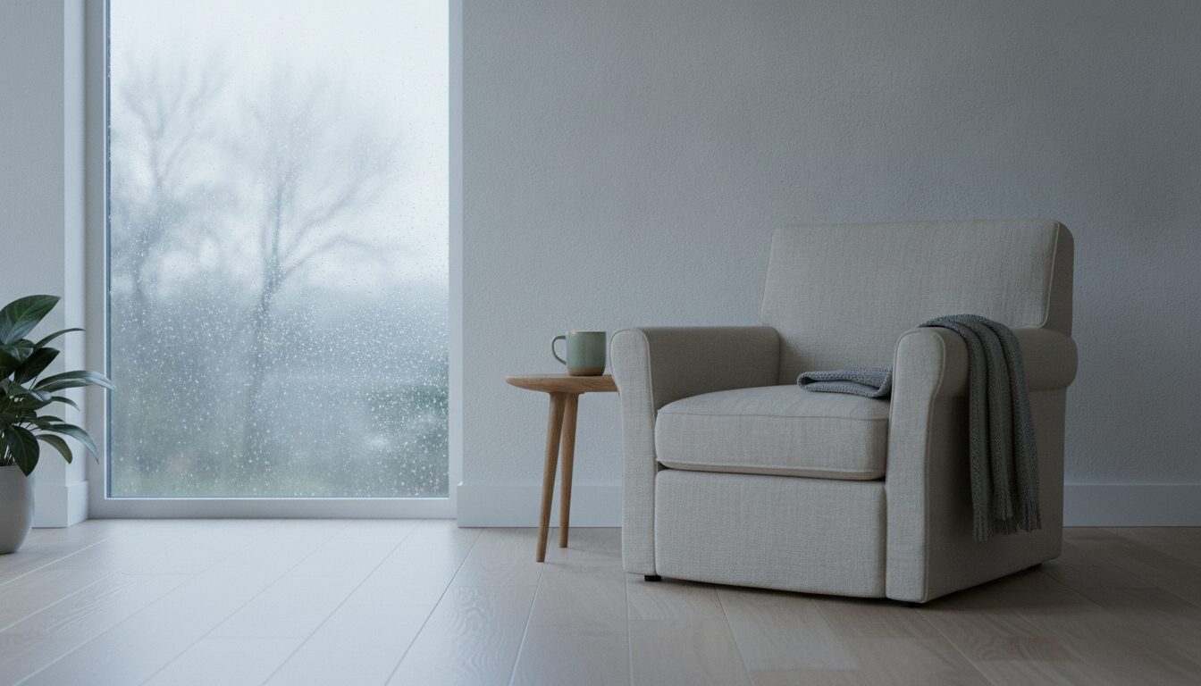 An empty oatmeal linen armchair with a grey knitted blanket over one arm stands on a pale wood floor beside a small oak side table holding a sage green mug, next to a tall window streaked with rain.