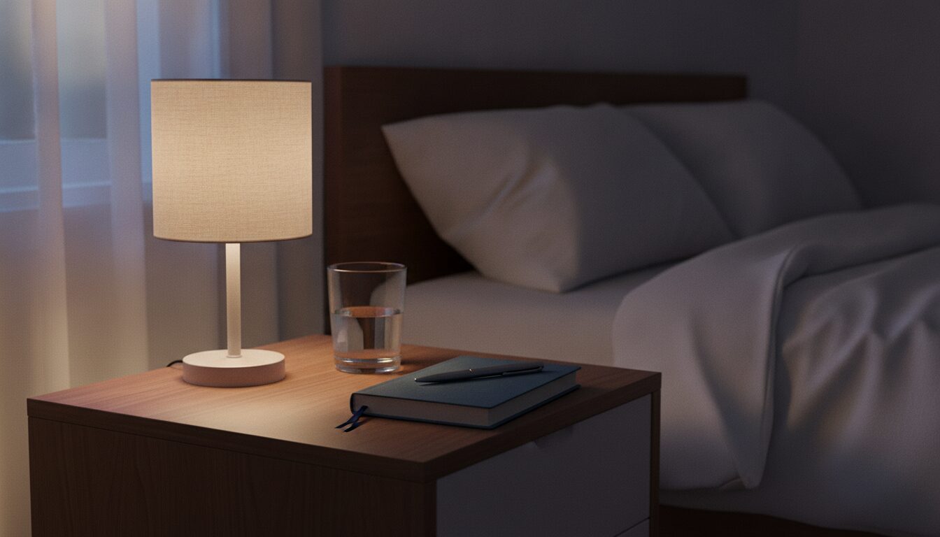 A lit table lamp with a cream linen shade, a glass of water and a closed dark blue notebook with a silver pen resting on it stand on a wooden nightstand beside an unmade bed with white bedding and two pillows.