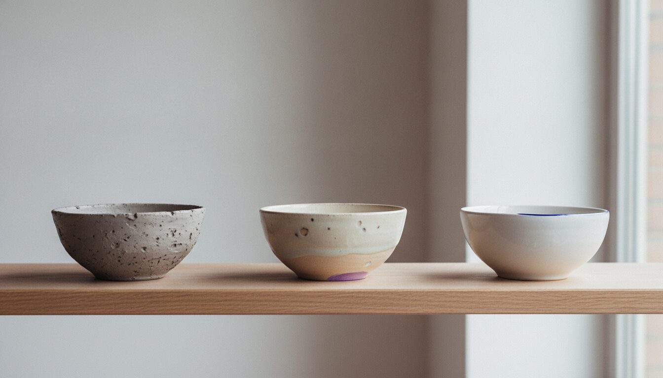 Three ceramic bowls stand in a row on a pale oak shelf: a rough grey speckled clay bowl on the left, a cream-glazed bowl with a few small pits, a tan base and a small violet patch at its foot in the middle, and a smooth white bowl with a thin blue line inside its rim on the right, beside a bright window edge.