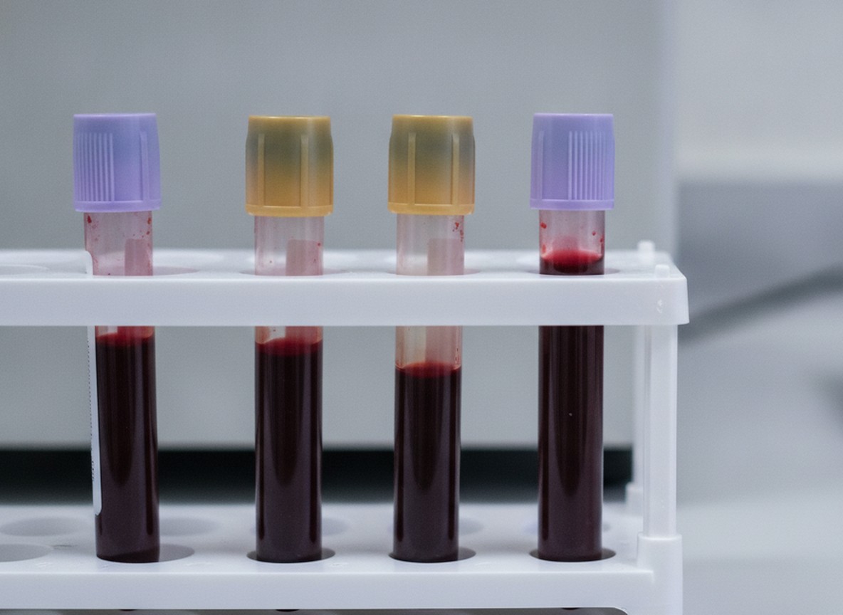 Four filled blood collection tubes, two with purple caps and two with gold caps, standing in a white rack