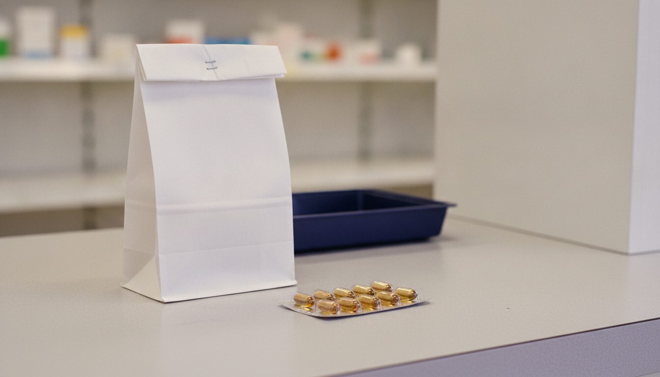 Accutane cost without insurance: a folded white pharmacy bag beside a sealed blister card of amber capsules on a pharmacy pickup counter