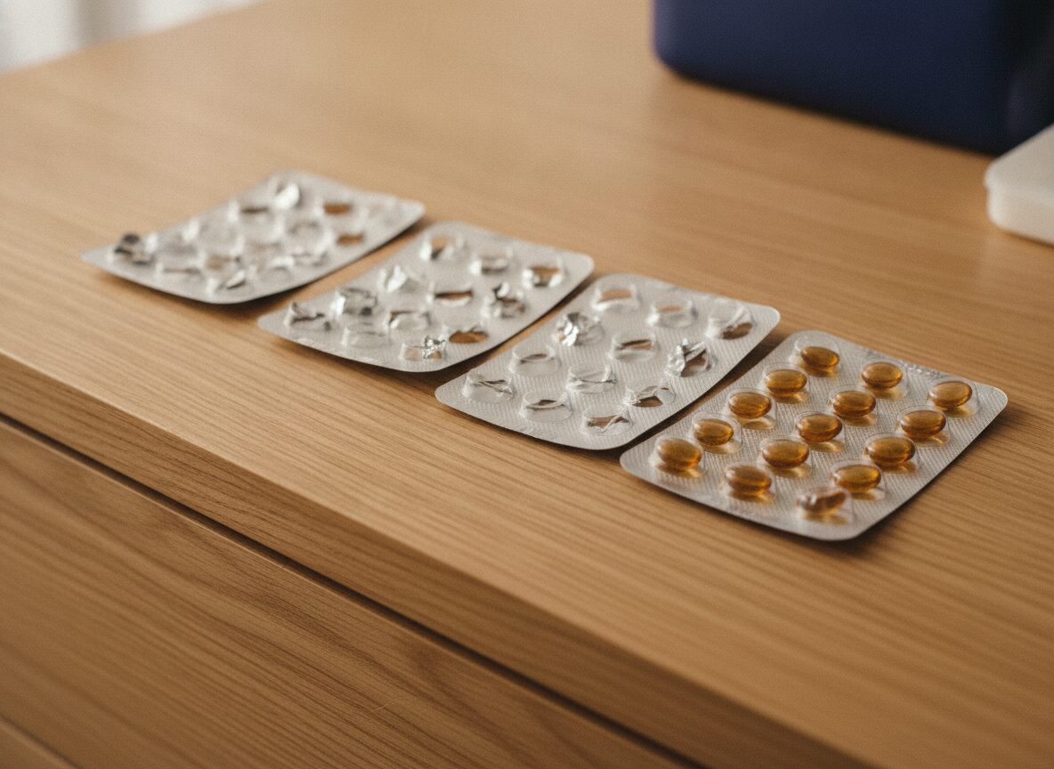 Four blister cards in a row on a wooden dresser, three empty and one still holding amber softgels
