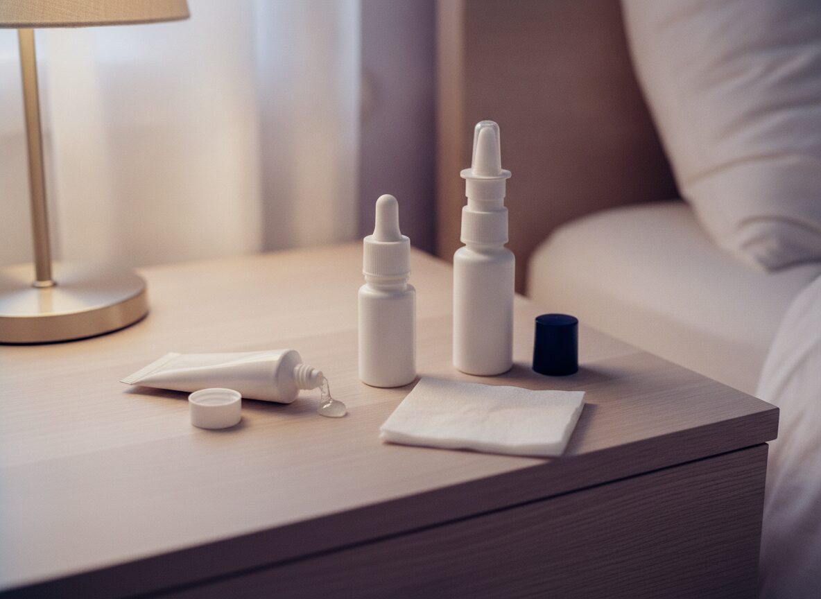 A small squeeze tube with a drop of clear ointment, a white dropper bottle and a white nasal spray bottle on a light wood nightstand beside a folded tissue