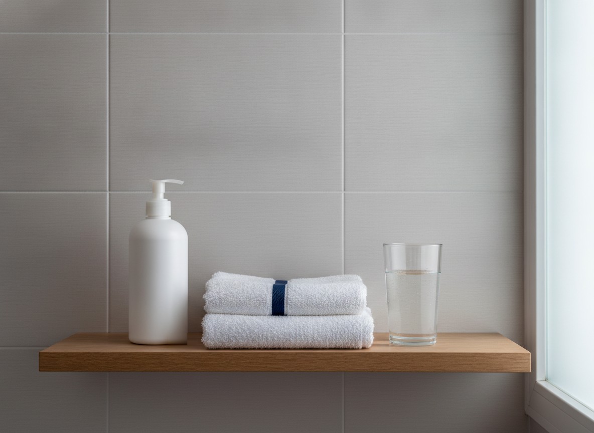 A white pump bottle with no label, a stack of two folded white towels, the top one with a navy blue band, and a glass of water stand in a row on an oak shelf against a grey tiled wall, with a bright window edge at the right.