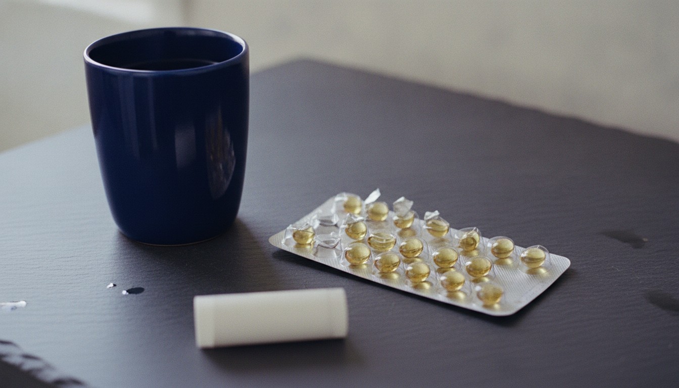 A blister card of amber softgels with several domes pushed through, beside a navy ceramic tumbler and a plain white lip balm tube on dark slate