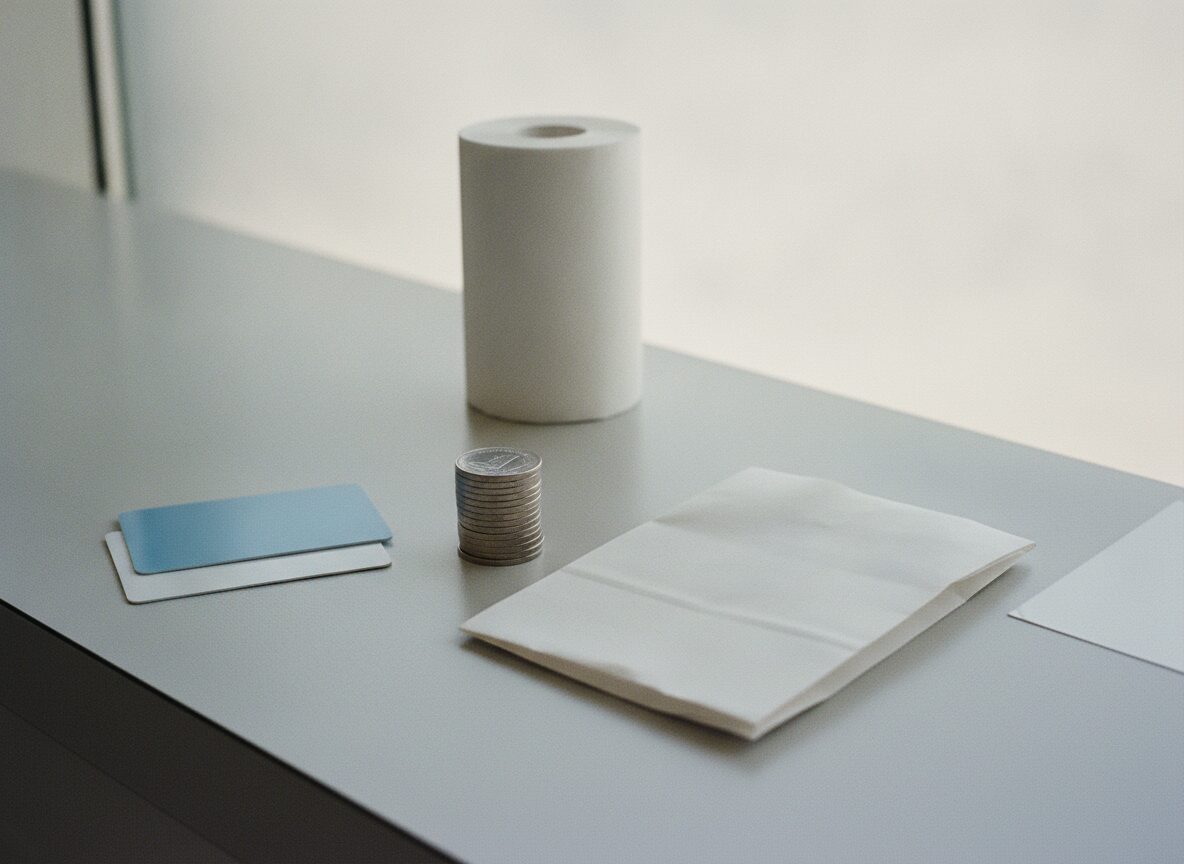 On a pale grey counter, two blank rounded cards, one pale blue over one white, sit left of a short stack of silver coins, with a white paper roll behind the coins and a folded white paper bag to their right.