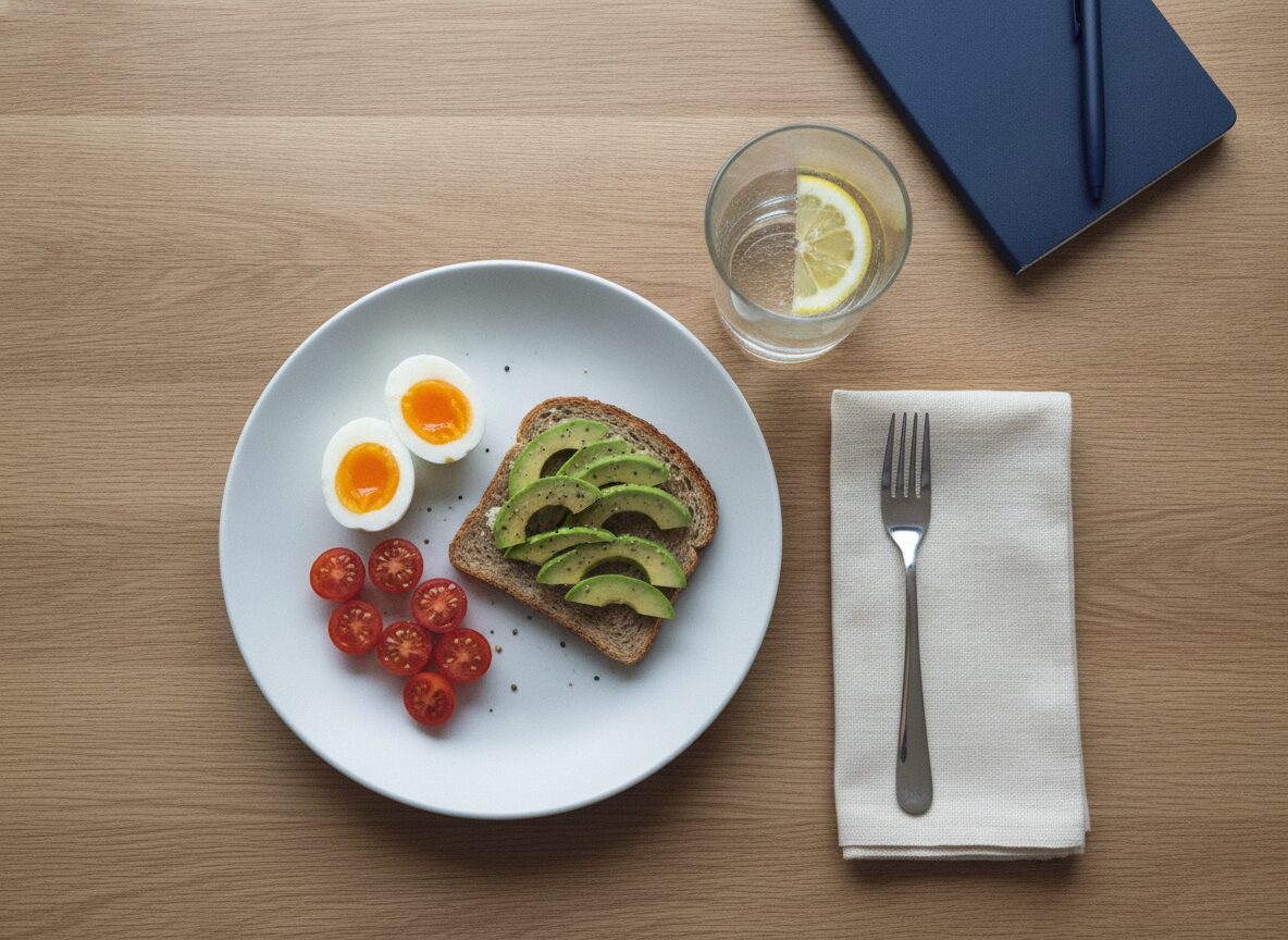 Overhead view of a white plate with two halves of a soft-boiled egg, a slice of avocado toast and a small cluster of cherry tomato halves, beside a glass of water with a lemon slice, a fork on a linen napkin and a closed navy notebook with a pen.