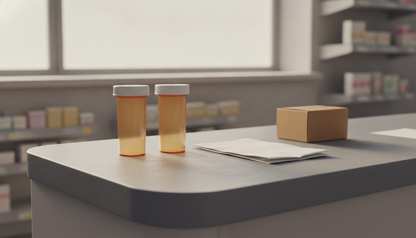 Two identical empty amber pharmacy vials with white caps stand side by side on a grey pharmacy counter, beside a folded white paper bag and a small plain cardboard box, with blurred shelves behind.