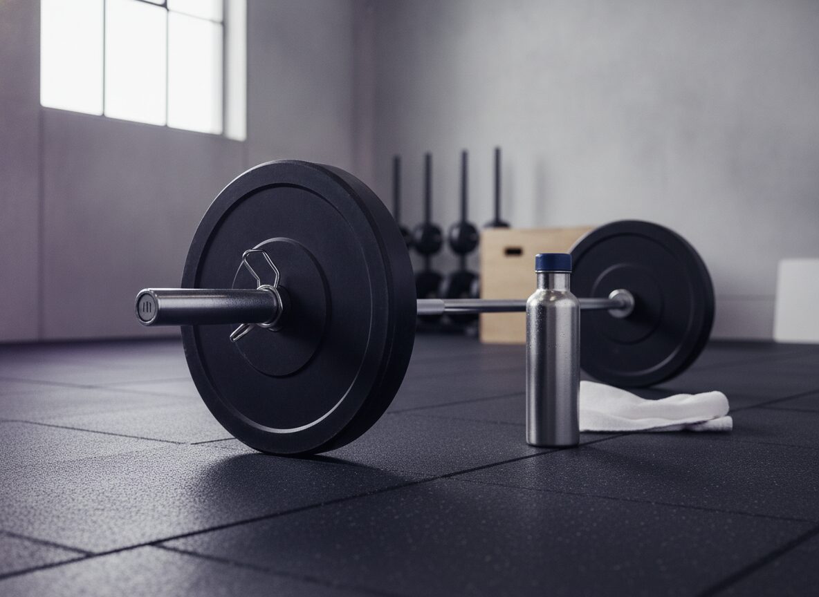Accutane and the gym: a loaded barbell resting on rubber gym flooring beside a water bottle and a folded towel