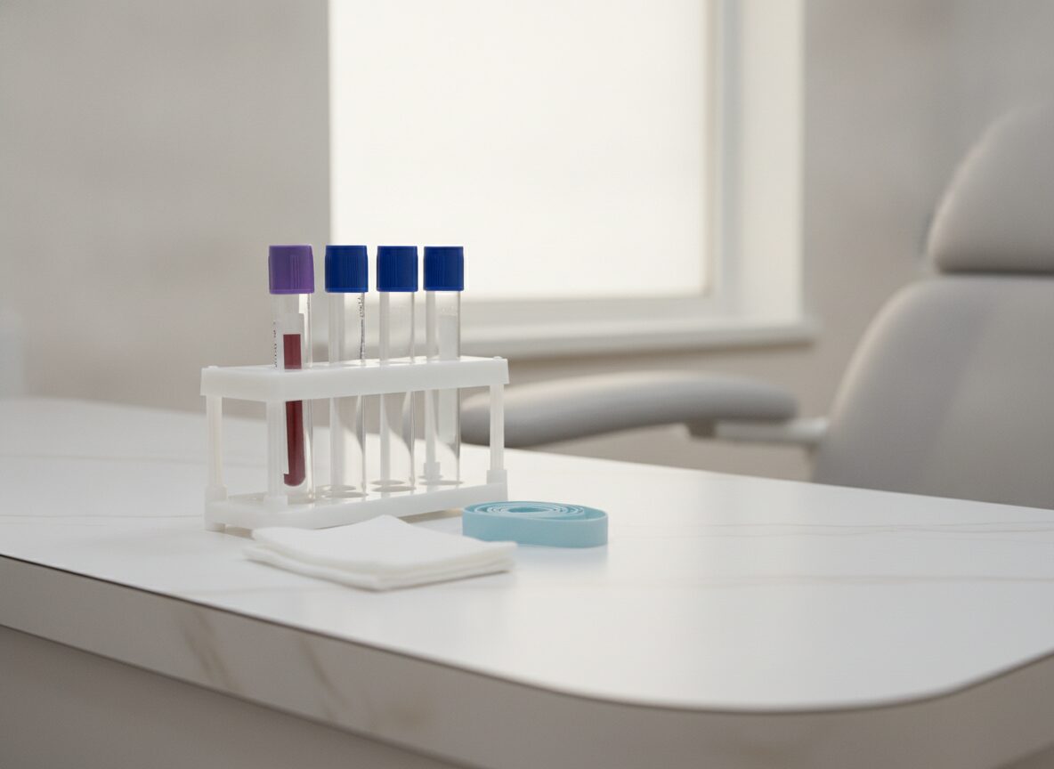 Accutane lab work: four capped blood collection tubes in a white rack, one holding a blood sample, beside folded gauze and a pale blue tourniquet strip