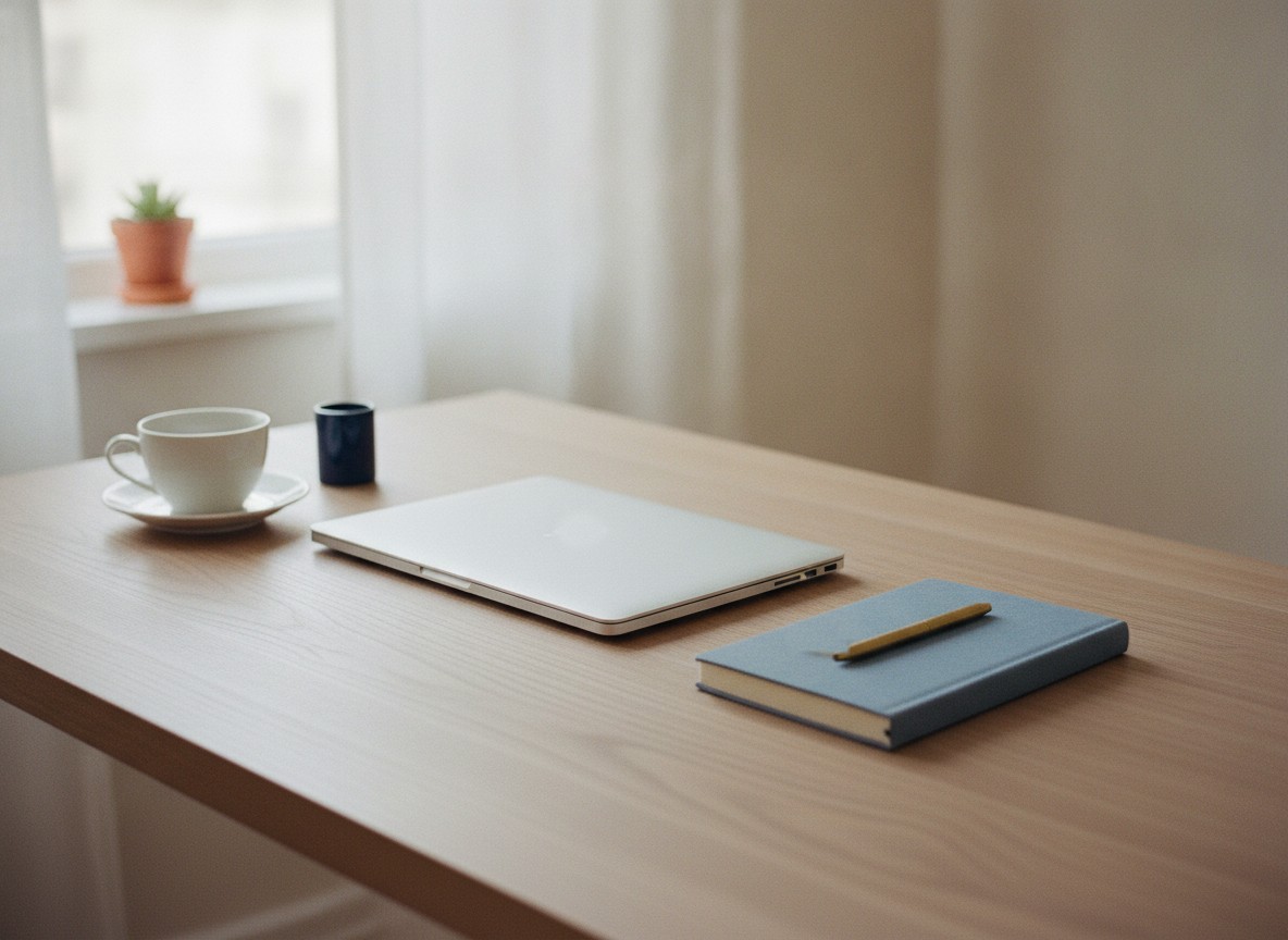 A closed silver laptop and a closed blue cloth notebook with a gold pen on top sit on a light wooden desk, with a white cup on a saucer and a small dark blue cup, and a potted succulent on the windowsill behind.