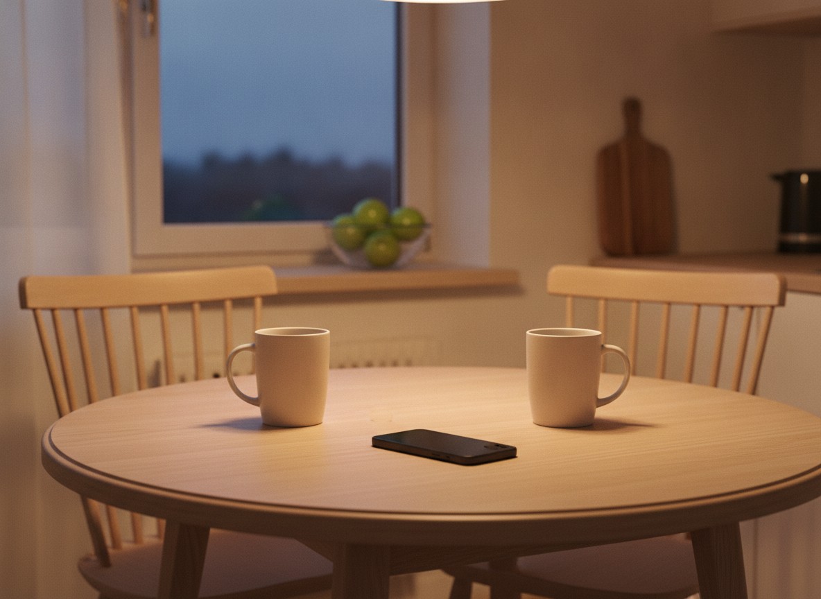 Two cream ceramic mugs stand on opposite sides of a round wooden kitchen table with a smartphone lying face down between them, and two wooden chairs sit behind them in a dusk-lit kitchen.